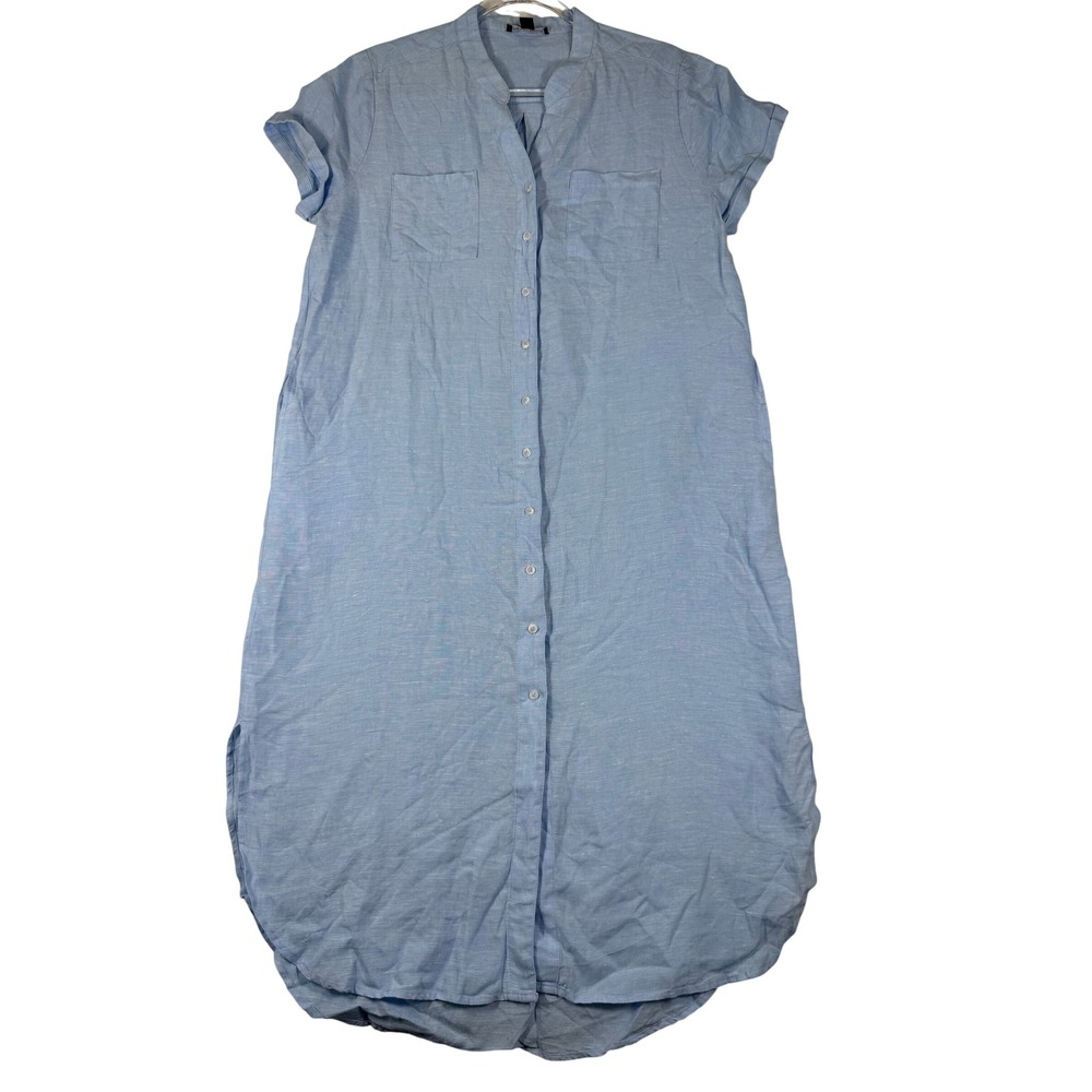 Saks Fifth Avenue Womens Blue 100% Linen Short Sleeve Button Front Shirt Dress L